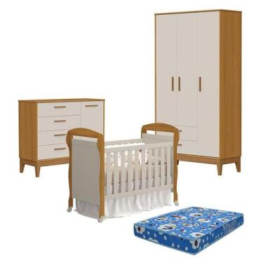 Imagem de Quarto de Bebê 3 Portas com Cômoda com Porta Flip e Berço Americano Da