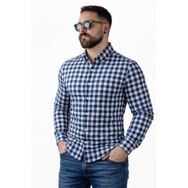 Imagem de Camisa Manga Longa Slim Xadrez Masculina Algodão - Genérico, Azul, G