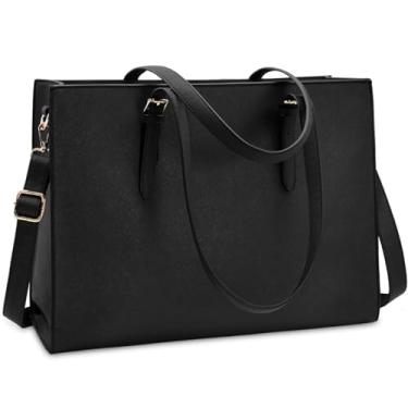 Imagem de Bolsa feminina para laptop de 15,6 polegadas, de couro leve, impermeável, pasta de negócios para escritório, bolsa de ombro de grande capacidade, profissional, preta