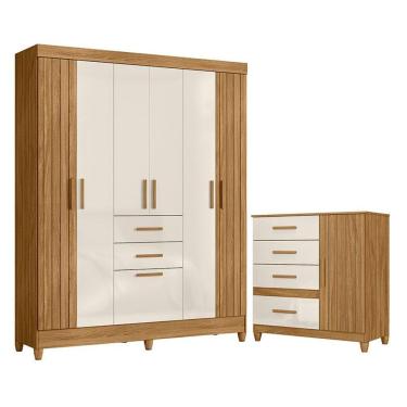 Imagem de Guarda Roupa Solteiro e Cômoda Malta Vênus 8 Portas 6 Gavetas em MDF e MDP com Pés Frei...