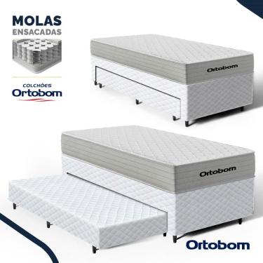 Imagem de Cama Box com Colchão de Molas Ensacadas Ortobom One Face Plenno + Auxiliar de Espuma Solteiro 88 cm