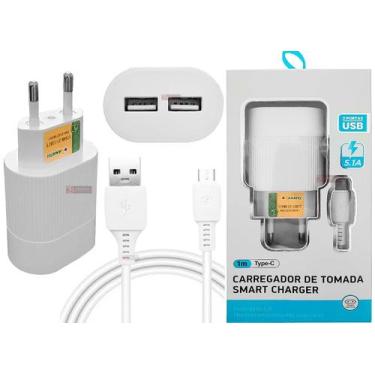 Imagem de Cabo Tipo C Usb 1m + Carregador Fonte Tomada Com 2 USB 5.1A Ultra Rápi