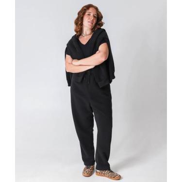 Imagem de Calça Reta Moletom Flanelado Plus Size Feminina Marisa Preto, G3, Pret