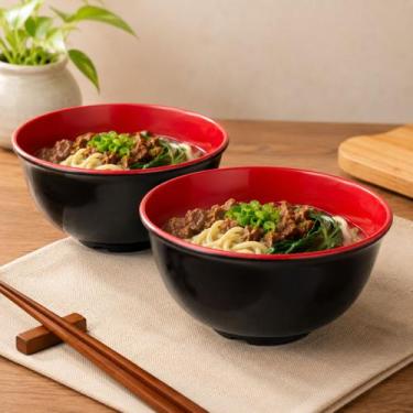 Imagem de Kit 2 Tigelas Orientais 850ml Preta Vermelha Bowl Ramen Sopa Açaí Sala