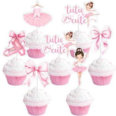 Imagem de Topper de Bolo partiqla 24 unidades - Bailarina com Laços Rosa