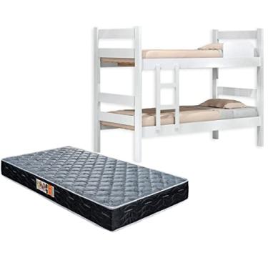 Imagem de Kit Beliche De Solteiro Branca com Escada + 1 Colchão Solteiro Espuma D28 Bp