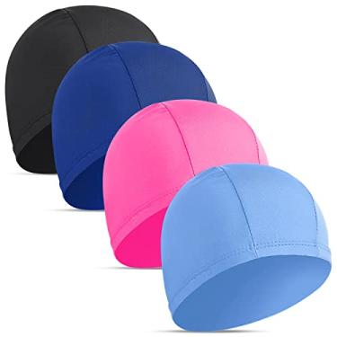 Imagem de 4 pçs bonés de natação elásticos para mulheres e homens e crianças tecido durável não impermeável pano piscina boné de banho elástico para cabelos longos e curtos