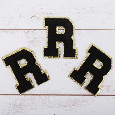 Imagem de Pacote com 3 adesivos de Chenille Iron On Glitter Varsity Letter 8 cm de altura - Tecido de chenille preto com acabamento em glitter dourado - Costurar ou passar a ferro - 8 cm BLK R