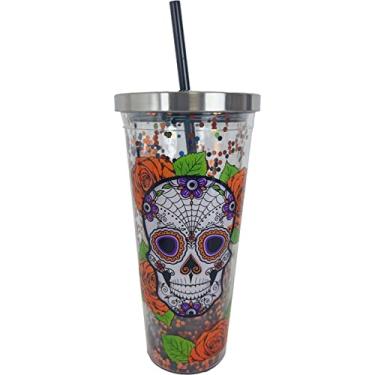 Imagem de Spoontiques - Glitter Filled Acrylic Tumbler - Glitter Cup with Straw - 20 oz - Stainless Steel Locking Lid with Straw - Double Wall Insulated - BPA Free - Sugar Skull Drinking Cup