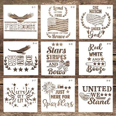 Imagem de Estêncil para pintura - DIY reutilizável 4 de julho decoração patriótica modelo estêncil independente americano para artesanato pintura raspada em bolo, biscoito, madeira, tela, papel, tecido (40 cm), conjunto de 9