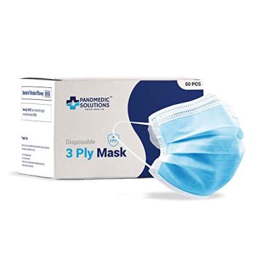 Imagem de PandMedic — Máscara facial de 3 camadas (pacote com 50) feita nos EUA — EPP leve respirável e confortável — Máscara facial de uso único para adultos/crianças com elásticos — Máscaras azuis protetoras descartáveis