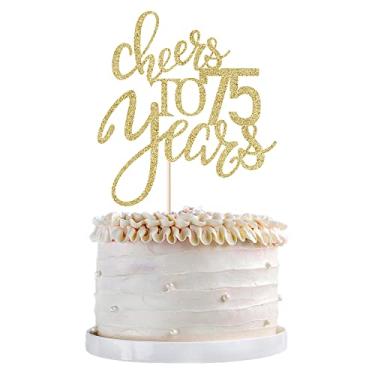 Imagem de Qertesl Gold Glitter Cheers to 75 years Topo de bolo, decorações de bolo de feliz aniversário de 75 anos, perfeito para decoração de bolos de 75 anos, suprimentos de decoração de festa de casamento/aniversário.