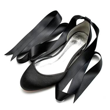 Imagem de Sapatos de casamento para noivas mulheres sapatilhas de cetim sapatilhas com fivela bico redondo sapatos sociais 36-44,Black,11 UK/44 EU