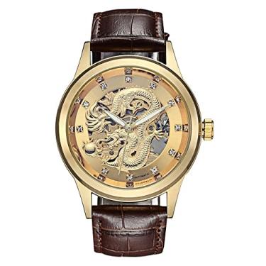 Imagem de Relógio mecânico totalmente automático masculino com mostrador com tema de dragão à prova d'água e relógio de pulso com personalidade luxuosa, Mostrador dourado - cinto marrom, Personalidade luxuosa
