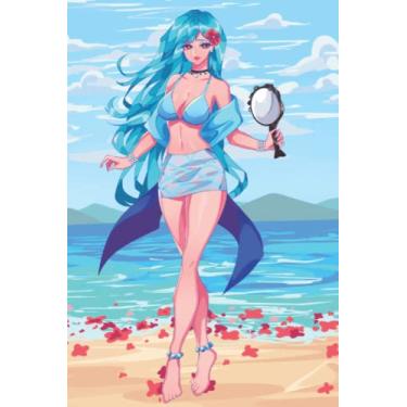 Imagem de Mermaid Notebook Modern Beautiful Anime Siren Beach Girl Journal: 240 line pages, 6”x 9”, Fantasy Mermaid with Scales Fashion Swimsuit, ''Flor de ... and Mermaid Mirror, Marine Blue Color Back