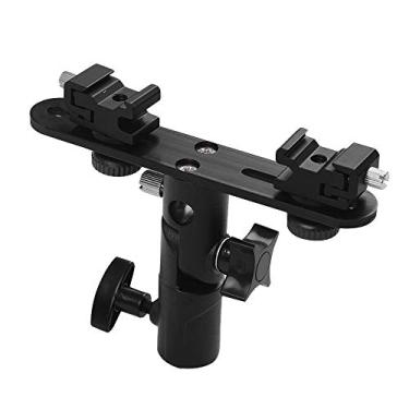 Imagem de Domary Suporte de flash duplo em forma de T Flash Speedlite Suporte com 2 suportes de sapata fria Orifício de guarda-chuva com de 1/4 pol. A 3/8 pol. Compatível com flash Ca-non Ni-kon para guarda-