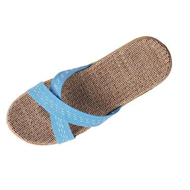 Imagem de Chinelos antiderrapantes para mulheres linho verão primavera outono casa casais interior madeira sandálias e chinelos (azul, 38)