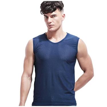 Imagem de Camisa de manga comprida listrada masculina verão respirável gelo seda camiseta sem mangas cultivar simulações de fitness para homens, Azul, G