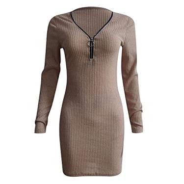 Imagem de Vestido pulôver feminino de manga comprida com zíper e gola V 2023 vestido casual de malha de cor sólida mini vestidos, Cáqui, 3G