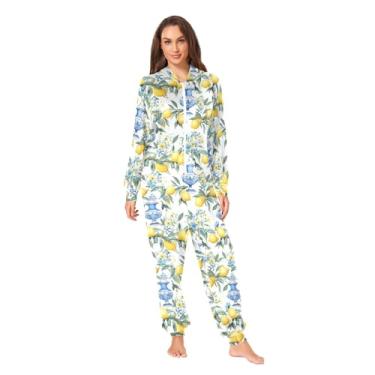 Imagem de CHIFIGNO Pijama macacão para adultos macacões quentes para mulheres homens pijamas engraçados de Natal Onesie Loungewear, Flores azuis e limões amarelos, M