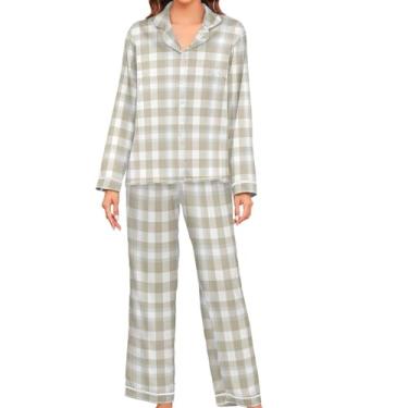 Imagem de JUNZAN Conjuntos de pijama xadrez creme para mulheres manga longa cetim pijama botão marrom marrom marrom pijama feminino, Castanho-acastanhado, GG