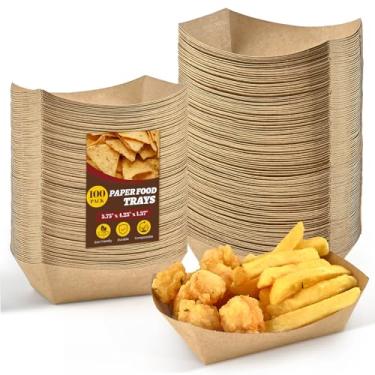 Imagem de Ocmoiy Bandejas de papel para alimentos de 500 g, pacote com 100 suportes para barcos de comida Kraft resistentes, bandejas descartáveis para nachos, batatas fritas, churrasco, festivais, festas