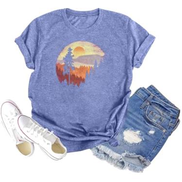 Imagem de Camiseta feminina Sunset Pine Tree, estampa retrô, estampa de sol, casual, manga curta, D-t Roxo, GG