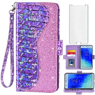 Imagem de Capa de celular para Samsung Galaxy J7 Star J 7 Crown 7J Refine 2018 J7V V 2ª geração com protetor de tela e porta-cartão flip glitter celular Glaxay Aura S767VL SM J737V mulheres meninas roxo