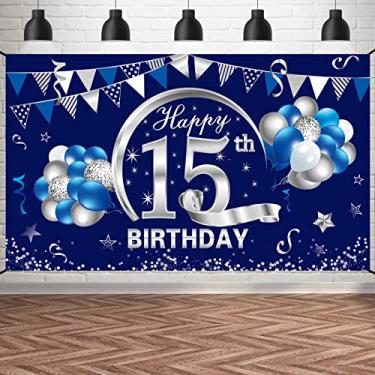 Imagem de Kauayurk Banner de aniversário de 15 anos de prata azul decorações para meninos, pano de fundo feliz de 15 anos, pôster de quinze anos adereços para fotos decoração de sinal de fundo