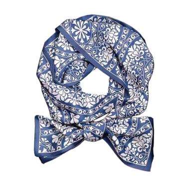 Imagem de Pemilosci Lenço de seda de 144,8 cm – Lenço fashion de cabeça, pescoço e bolsa para mulheres – Presente (LS21 azul e branco)