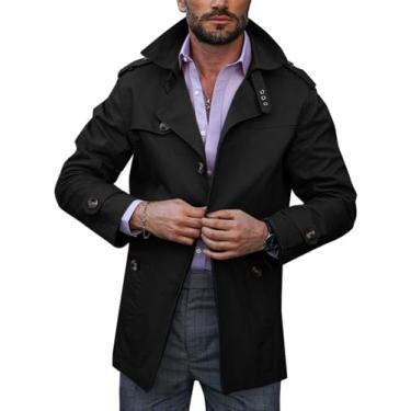 Imagem de Runcati Casaco masculino trench coat único trespassado comprimento médio slim fit clássico leve manga longa jaqueta corta-vento, Preto, G