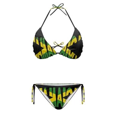 Imagem de JEOCODY Biquíni feminino de duas peças, roupa de banho sexy, frente única, triangular, conjunto de biquíni atrevido, Bandeira da Jamaica estampada, GG