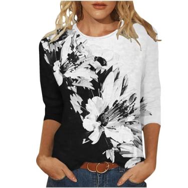 Imagem de Camiseta casual de manga 3/4 para mulheres, outono, verão, moderno, retrô, estampa de flores silvestres, pulôver, blusas, confortáveis e soltas, Z1 - preto, GG