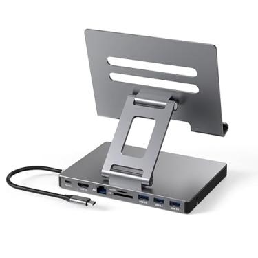 Imagem de Suporte para iPad Pro USB C, adaptador para iPad Pro M4 M2 M1 13 12,9 polegadas iPad Air Docking Station dobrável com HDMI 4K60Hz, carregamento PD, leitor de cartão SD/TF, 3 USB 3.0, áudio de 3,5 mm