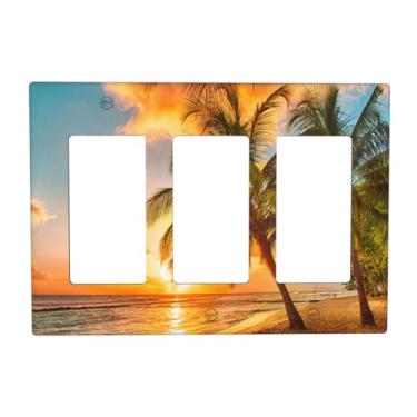 Imagem de Wpshijia Capa de interruptor de luz pôr do sol praia palmeira paisagem marítima 3 gangues placa de interruptor de luz tripla paisagem tropical balancim GFCI tampas de tomada decorativa capa de