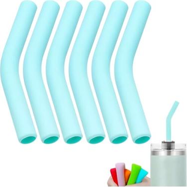 Imagem de 6 peças de pontas de silicone de palha azul, canudos reutilizáveis de 8 mm de largura, capas de palha de borracha de grau alimentício cotovelo flexível para Stanley ponta de substituição para canudos