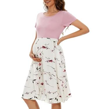 Imagem de WOOXIO Vestido feminino de manga curta para gestantes, patchwork, roupas de gravidez com bolsos, Rosa - floral branco, G