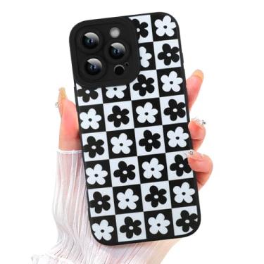 Imagem de ZIYE Capa para iPhone 16 Pro preta flor xadrez linda capa de telefone com proteção para câmera TPU macio borracha de silicone capa protetora grade design floral mulheres meninas capas para iPhone 16