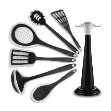 Imagem de Kit Utensílios De Silicone Para Cozinha Panela Antiaderente Jogo Conjunto Com Espátula Vazada Escumadeira Colher Escorredora Concha Base Com Ganchos (Preto)