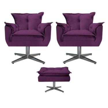 Imagem de Kit 02 Poltronas e Puff Opala Base Giratória de Metal Suede Roxo - DAM