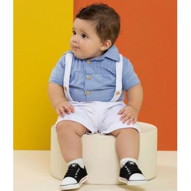 Imagem de Conjunto Luxo Bebê Menino Camisa Bermuda Suspensório 7335 - Lessa Kids