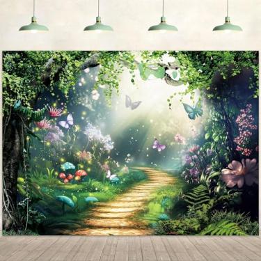 Imagem de Imirell Pano de fundo de conto de fadas da floresta 20 x 15 cm A encantado verde borboleta flor princesa aniversário casamento poliéster tecido mágico para fotografia fundos para fotos decoração
