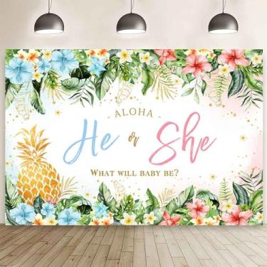 Imagem de MEHOFOND 2,1 x 1,5 m Aloha Pano de fundo revelador de gênero tropical havaiano ele ou ela fundo fotográfico verão abacaxi revelação de gênero decoração de festa folhas de palmeira floral menino ou