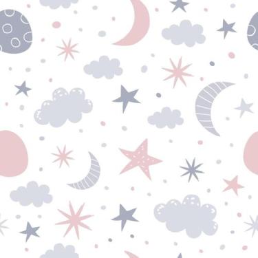 Imagem de Papel De Parede Adesivo Lua Estrelas Nuvens Rosa Cinza Quarto Infantil