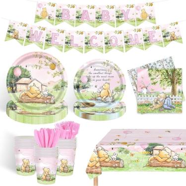 Imagem de Conjunto de suprimentos de festa Classic Pooh Baby Shower 122 unidades para meninas