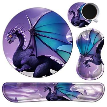 Imagem de Mouse pad suporte de pulso combo de descanso de pulso + porta-copos [4 em 1], fácil digitação, alívio da dor, almofada de gel de espuma de memória, conjunto de mouse pad para computador, laptop, escritório, casa, dragão roxo
