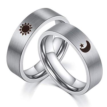 Imagem de XAHH Sun and Moon Star Anéis para casais Conjunto de 2 peças de alianças de casamento de compromisso de aço inoxidável para ele e ela, prata 【Compre dois anéis para um par】 11