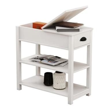 Imagem de LifeSky Mesa de canto superior flip - Mesa lateral fina com prateleiras - mesas de canto estreito com armazenamento para espaços pequenos sala de estar quarto escritório branco