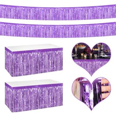 Imagem de Saias de mesa com franja metálica 4P para mesas retangulares pano de fundo cortinas de guirlanda para desfile, boias de casamento, formatura, aniversário, decoração de festas de aniversário (roxo