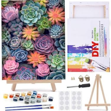 Imagem de MaiMMaledy Kit de pintura por números para adultos iniciantes 20 x 30 cm de comprimento com pintura de desenho emoldurado funciona com cavalete triangular de madeira, pigmento acrílico, suculentas